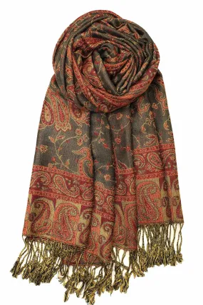 Achillea Olive Burgundy Reversible Paisley Pashmina