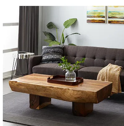 BROWN WOOD HANDMADE LIVE EDGE T STAND 2 LEGS COFFEE TABLE WITH BLOCK STYLE BASE, 59" X 33" X 19"