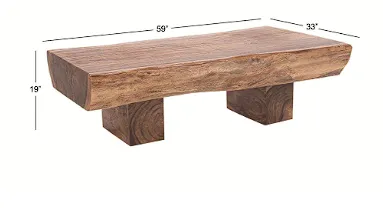 BROWN WOOD HANDMADE LIVE EDGE T STAND 2 LEGS COFFEE TABLE WITH BLOCK STYLE BASE, 59" X 33" X 19"