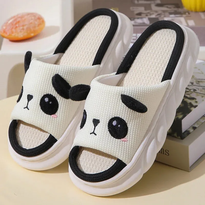 Cute Cartoon Cow Unisex Linen Slippers Spring Summer Slides Mule Men And Women Home Shoes Non-slip Flip Flops For Four Seasons