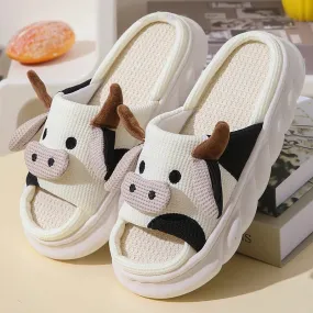 Cute Cartoon Cow Unisex Linen Slippers Spring Summer Slides Mule Men And Women Home Shoes Non-slip Flip Flops For Four Seasons