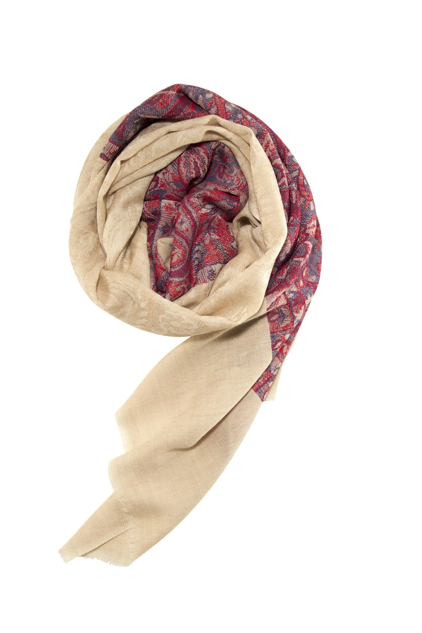 Pashmina scarf / shawl in beige, blue and ruby red